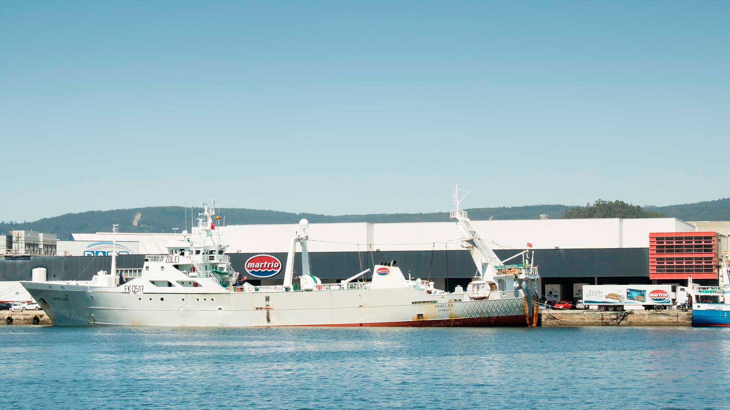 Buque Igueldo descargando Calamar patagónico en Marfrio, en el Puerto de Marín